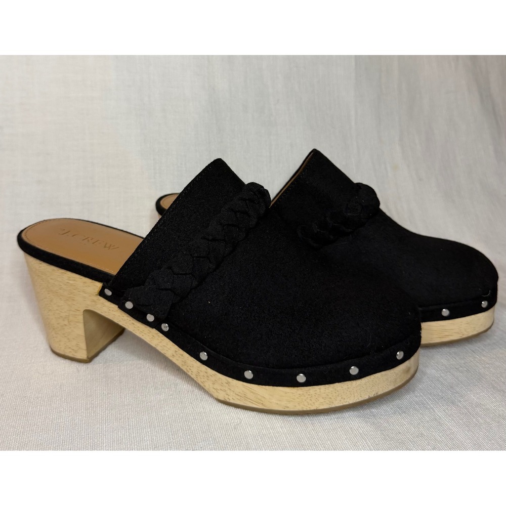 J.Crew FactoryBlack Faux Suede Braided Strap Wooden Platform Clogs Studded Mules